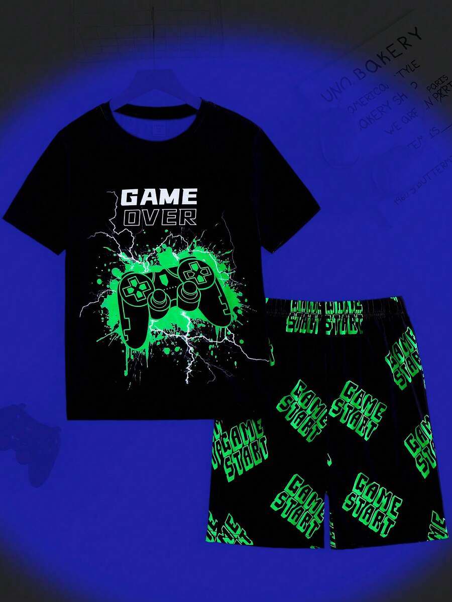 SHEIN Tween Boy Neon Gaming Console Graphic Casual Short Sleeve T-Shirt And Shorts 2 Pieces Pajama Set, Loose & Comfortable For Summer - Multicolor - View 1