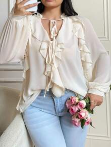 Vibekara Áo kiểu tay dài cổ chữ V sâu, chất liệu chiffon dày dặn, có bèo nhún, tay buộc dây, dành cho người có vóc dáng lớn. - Màu be - Xem 5