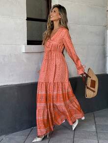 Breezaya Đầm maxi in hoa, thắt nút phía trước, tay bồng, gấu đầm xếp ly, thích hợp cho năm mới. - Màu Cam san hô - Xem 4