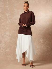 Lumalex Vestido de mujer de manga larga con cuello y bloque de color elegante - Marrón - Ver 9
