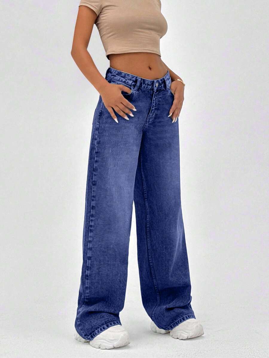 SHEIN Quần jean ống rộng cạp thấp 100% cotton kiểu dáng cổ điển Y2K, dáng rộng - Màu xanh bụi bặm - Xem 1