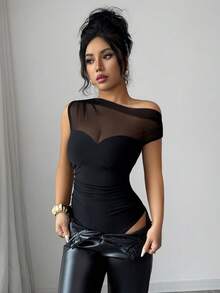 Selianne Summer New Sexy Black Shoulder Splice Mesh Ruched Waist Women's Bodysuit, Suitable For Party, Vacation - Black - View 3