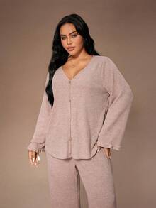 Lazeform 柔软罗纹针织荷叶边前襟纽扣装饰浪漫优雅家居服休闲加大码睡衣套装 - 粉色 - 查看 7