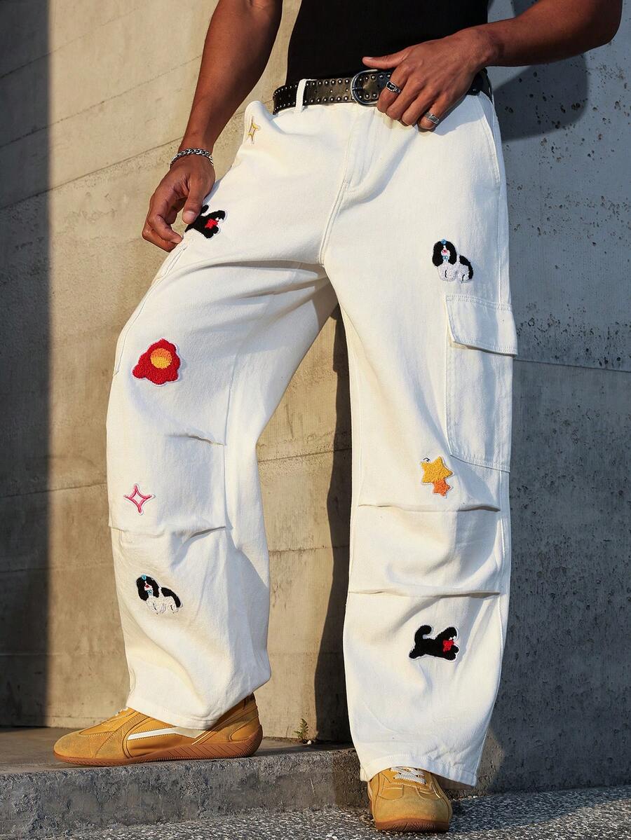 Manfinity EMRG Herren Jeans mit Cartoon Hund Grafik, Cargo Tasche und lässigen Falten - Weiss - Übersicht 1