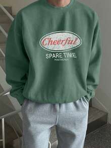 DAZY Men's Letter Print Round Neck Cropped Pullover Sweatshirt, Green, Autumn/Winter - Green - View 2