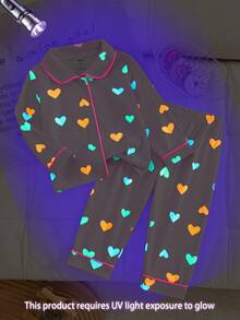 夜光女童开衫睡衣家居服套装，长袖上衣和裤子，时尚爱心印花，适合睡衣和日常穿着。 - 粉色 - 查看 6