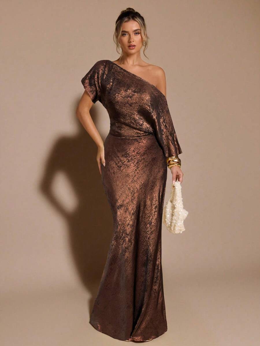 SHEIN BAE 秋冬季纯金色纹理不对称肩部上衣，金色女士衬衫，秋季斜肩上衣，适合夜店派对、外出、秋季女装、复古富贵风、工作/办公室、商务休闲女装、女性办公室着装 - 棕色 - 查看 1