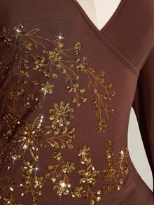 SHEIN ICON 大码女式复古长袖翻领喇叭袖上衣，舒适时尚，适合居家、旅行、秋冬季穿着。 - 棕色 - 查看 7