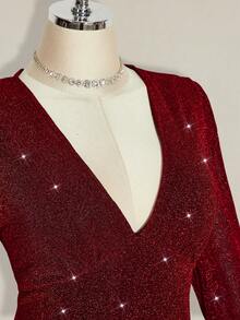 SHEIN ICON 大码性感纯色深V领喇叭袖荷叶边下摆迷你连衣裙酒红色女装 - 酒紅色 - 查看 6