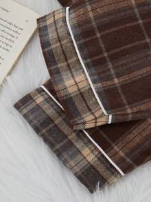Tween Girl Plaid Collared Cardigan And Pants Pajama Set Plaid Pajama Set Button-Up Pajama Set Coffee-Colored Pajama Set Two Pieces Pajama Set Plaid Pj Set Button Up Pajama Set - Coffee Brown - View 6