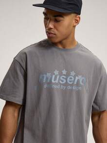 Musero Crew Neck Short Sleeve Dropped Shoulder Graphic Front Chest Print "DEFINED BY DESIGN' Tshirt Top Autumn Winter Essentials - Grey - View 3