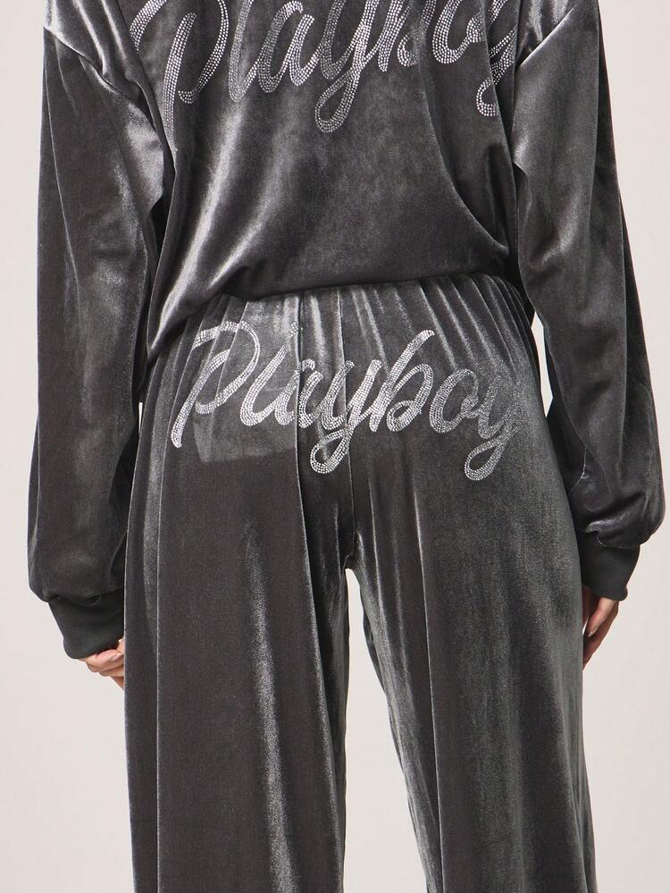 Missguided x Playboy Luxurious Velvet Sweatpants With Rhinestone Script And Side Stripe Detail For Comfortable Casual Wear, Casual