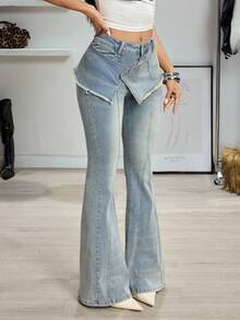 Jeanoix Y2K Women's Frayed Hem Double Waistband Fashionable Flare Leg Jeans - Light Wash - View 5