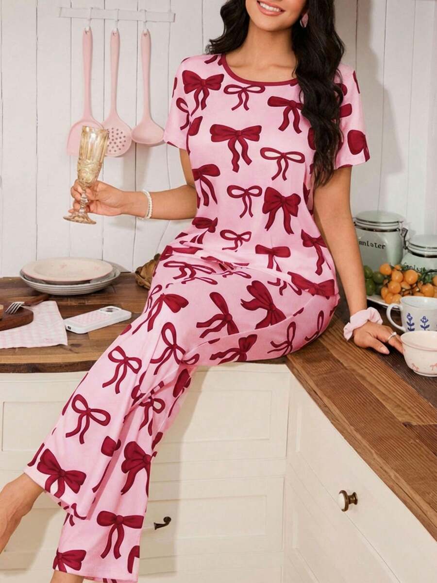 SHEIN Cute Bow Print Women Pajama Set - Multicolor - View 1