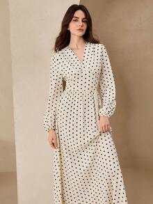 Graceveil Polka Dot Long Sleeve Elegant Maxi Swing Dress For Women - Black and White - View 7