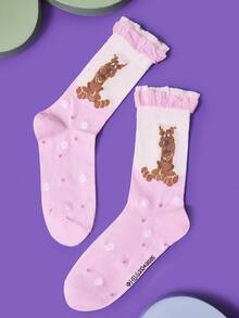 SCOOBY-DOO X SHEIN 1 Pair Cartoon Dog Print Layered Ruffle Trim Mid-Calf Socks For Women - Multicolor - View 3
