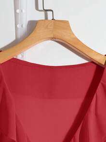SHEIN Clasi Plus Size Plain Simple Ruffle Hem Short Sleeve Shirt, Going Out Tops - Red - View 3