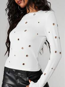 MISSGUIDED Blusa de manga larga con detalle de ojales, cuello redondo, ajustada, para otoño e invierno, camisa casual para mujer - Crema - Ver 5