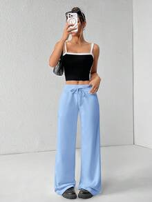 SHEIN PETITE 舒适休闲纯色针织低腰阔腿女式运动裤 - 淺藍色 - 查看 5