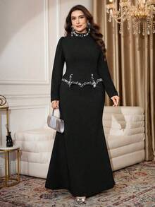 Modelyn 大码优雅水钻仿珍珠装饰鱼尾裙摆连衣裙，夏季 - 黑色 - 查看 1