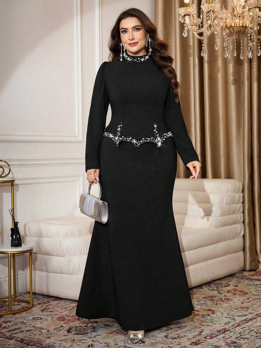 Modelyn 大码优雅水钻仿珍珠装饰鱼尾裙摆连衣裙，夏季 - 黑色 - 查看 1