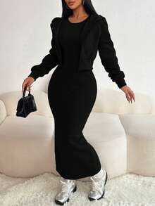 Chiquease 两件套女士休闲连帽拉链外套，收腰设计，弹性针织露背连衣裙，保暖内衬，适合秋冬季节穿着。 - 黑色 - 查看 4