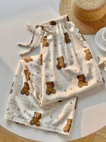 SHEIN EZwear 女士格子卡通熊印花抽绳腰阔腿休闲裤 - 杏色 - 查看 4