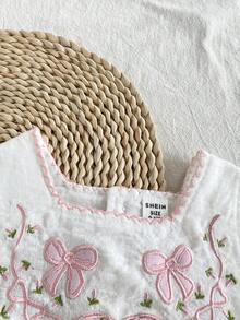 Vintaside Kids Baby Girl Summer Bow Embroidery Sleeveless Square Neck White Dress