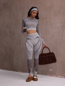 Dewbera Conjunto de chaqueta y pantalón de esquí informal de mujer con manga raglán de efecto degradado y top corto y pantalón de cintura alta - Marrón - Ver 3