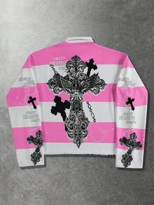 ROMWE MEN Street Life 男士复古圣母玛利亚条纹英文图案印花套头衫卫衣，街头美式风格 Polo 衫 - 粉色 - 查看 2