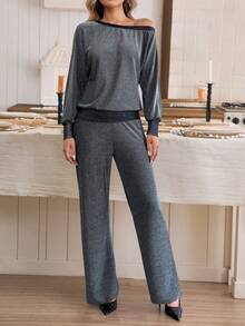 Louniche 两件套优雅纹理不对称肩部上衣+裤子套装，秋冬季，圣诞节 - 銀色 - 查看 6