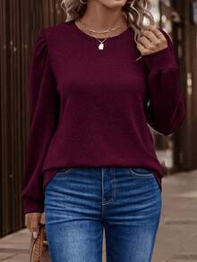 EMERY ROSE Plus Size Casual Basic Puff Sleeve Crew Neck T-Shirt, Burgundy