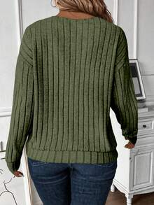 EMERY ROSE Sudadera casual con cuello en V de talla grande, tejido de punto acanalado simple y elegante de 12*4, adecuada para primavera y otoño - Verde militar - Ver 2