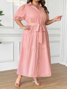 SHEIN CURVE+ Đầm maxi dáng chữ A tay ngắn màu trơn cho nữ cỡ lớn năm 2025, phối bèo nhún, thích hợp cho mùa xuân, dành cho người có thân hình đầy đặn, kiểu dáng Hoho Vacation. - Hồng - Xem 6