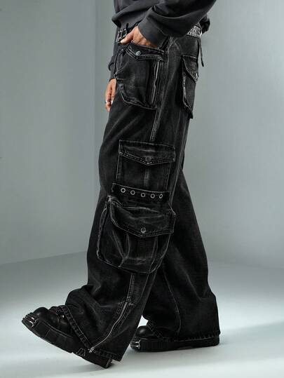 Street Life Herren Loose Fit Cargo Taschen Jeans