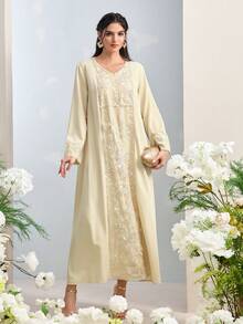 Al Najma 女士优雅亮片刺绣拼接阿拉伯风格连衣裙 - 綠色 - 查看 4