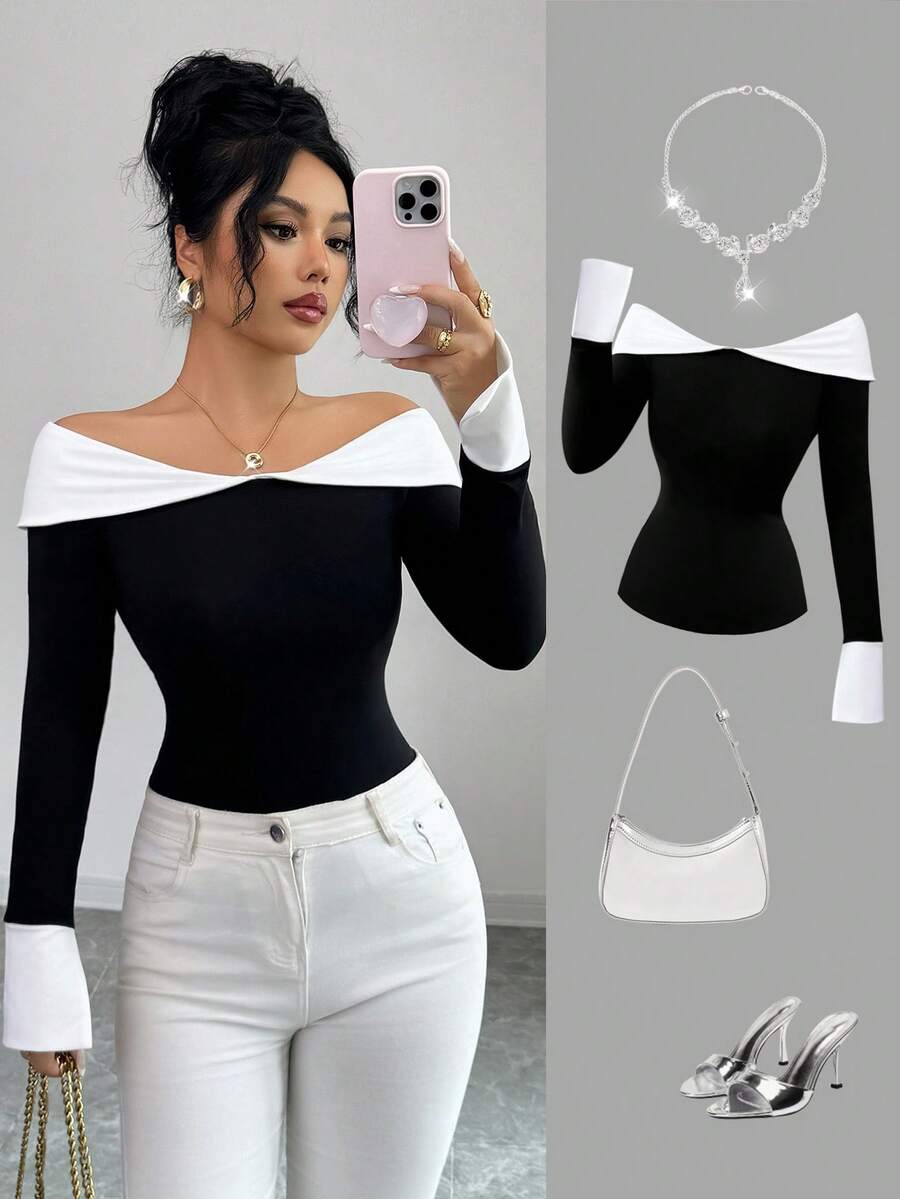 Elenzga 女士撞色露肩长袖修身衬衫，袖口开衩，适合秋季和新年穿着 - 黑與白 - 查看 1
