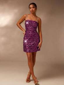 Glamine 女士时尚亮片吊带迷你连衣裙，夏季 - 酒紅色 - 查看 5