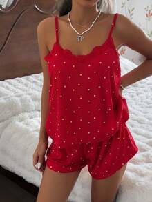 Bonmuse Women's Pajama Set, Knitted Ribbed Heart Print Contrast Lace Trim Camisole And Shorts, Sweet, Cute And Sexy - Red - View 3