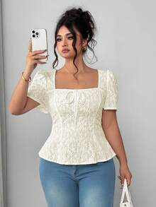 Elenzga Áo thun nữ tay ngắn thắt nơ eo thanh lịch, co giãn, dáng rộng, thời trang đi nghỉ mát cỡ lớn - Màu be - Xem 1