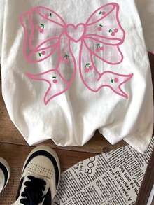 Süßer karierter Kirschenschleifendekor Farbblock Tween-Mädchen Lässig Minimalist Kurzarm Rundhals T-Shirt, geeignet für den Sommer