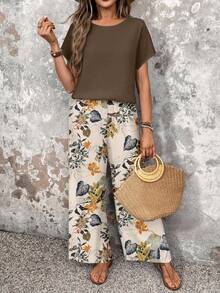 EMERY ROSE Bộ 2 món dành cho nữ, gồm áo cổ tròn họa tiết hoa và quần ống rộng, trang phục đa năng phù hợp cho mùa xuân và thu, quần áo mùa thu cho nữ, trang phục phong cách boho, quần casual. - màu nâu - Xem 3