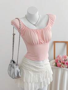 SHEIN EZwear 女士纯色褶皱休闲粉色 T 恤上衣，日常穿着 - 粉色 - 查看 5