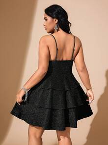 Hourglow Valentine Plus Size Women's Fashionable Party Sequin Strap Multi-Layer Dress, For Hourglass Body Shape - Black - View 10