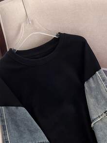 SHEIN 女式加大码牛仔效果圆领休闲运动衫 - 彩色 - 查看 3
