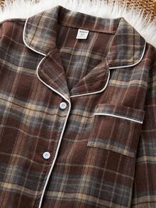 Tween Girl Plaid Collared Cardigan And Pants Pajama Set Plaid Pajama Set Button-Up Pajama Set Coffee-Colored Pajama Set Two Pieces Pajama Set Plaid Pj Set Button Up Pajama Set - Coffee Brown - View 4