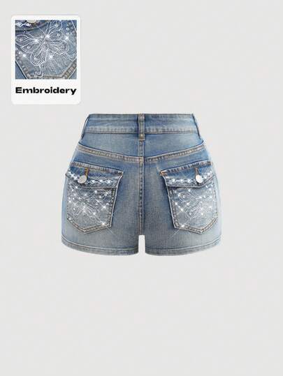SHEIN Girlism Teen Girl Fashion Casual Y2k Vintage Cool Street Comfortable Sparkling Rhinestone Butterfly-Embroidered Blue Denim Stretch Tight Shorts Dailwear Spring And Summer Rave Festival And Streetwear