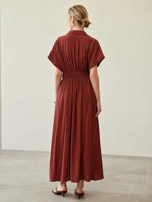 MOTF PREMIUM VESTIDO DE MUJER CON CUELLO EN V, CINTURA CEÑIDA Y ENCAJE DE CONTRASTE - Burdeos - Ver 3