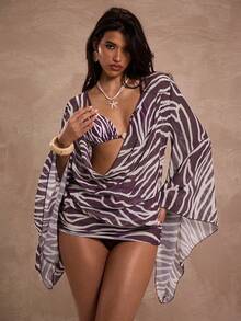 SHEIN BAE Women's Vacation Zebra Print Draped Neck Flare Sleeve Kaftan Dress,Summer,Spring Break Outfits ,Valentine's Day,Beach ,Beach Outfits For Women ,Beach Outfit ,Birthday,Going Out,Zebra Print Cover-Up,Leopard,Vacation Outfits Women ,Summer Holiday Outfits,Spring Break Outfits ,(The Bikini Set Is Not Included.2026 Summer New Beachwear, Beach Party - Multicolor - View 2