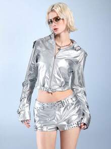 ROMWE Avant Retro Y3K Punk Racer Biker Style Casual Street PU Silver Fabric Short Women Jacket - Silver - View 1